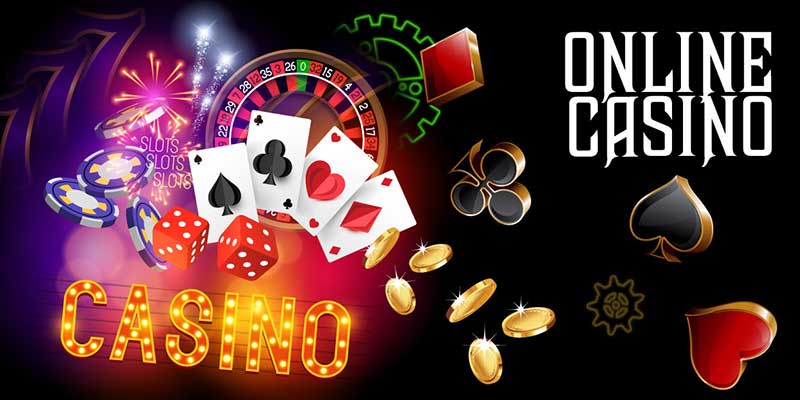 Online casino med spelmarker, tärningar, rouletthjul, spelkort och guldmynt